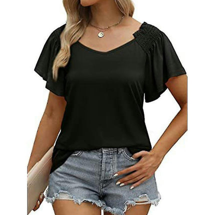 Ladies V Neck T Shirt Summer Tops Off Shoulder T-shirt Short Sleeve Tunic Blouse