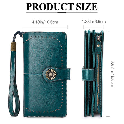 Women's Large Capacity Long Wallet, Genuine Leather Zipper Travel Clutch, Credit Card Bag Wristlet Card Case