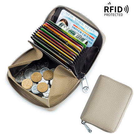 RFID Shielded Large Capacity Card Holder, Genuine Leather Women's Short, Credit Card Holder Wallet, ID Card Holder Coin Purse Zipper