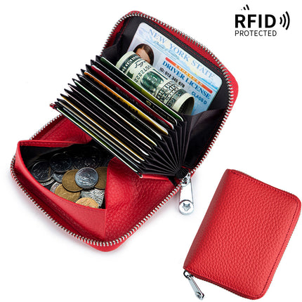 RFID Shielded Large Capacity Card Holder, Genuine Leather Women's Short, Credit Card Holder Wallet, ID Card Holder Coin Purse Zipper