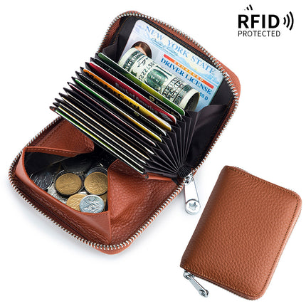 RFID Shielded Large Capacity Card Holder, Genuine Leather Women's Short, Credit Card Holder Wallet, ID Card Holder Coin Purse Zipper