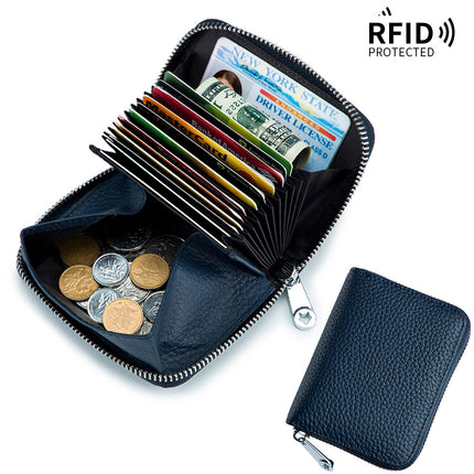 RFID Shielded Large Capacity Card Holder, Genuine Leather Women's Short, Credit Card Holder Wallet, ID Card Holder Coin Purse Zipper