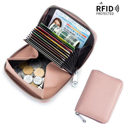 RFID Shielded Large Capacity Card Holder, Genuine Leather Women's Short, Credit Card Holder Wallet, ID Card Holder Coin Purse Zipper