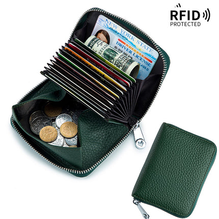 RFID Shielded Large Capacity Card Holder, Genuine Leather Women's Short, Credit Card Holder Wallet, ID Card Holder Coin Purse Zipper