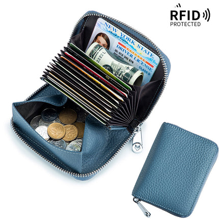 RFID Shielded Large Capacity Card Holder, Genuine Leather Women's Short, Credit Card Holder Wallet, ID Card Holder Coin Purse Zipper