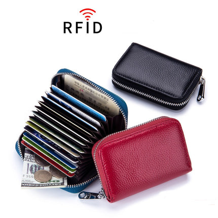 Card Bag Organ Zipper, Men's Cowhide RFID Barrier Leather Credit Card Holder Anti-theft Swipe Magnetic, Credit Card Holder Women's