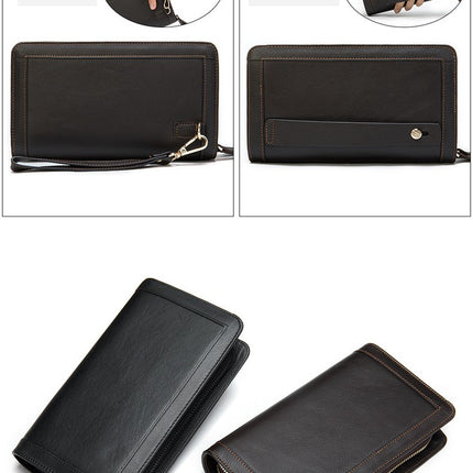 Business Men's Wallet Long,Leather Clutch Bag,Double Zipper Money Clip Coin Purse,Vintage Men's Long Clutch Bag