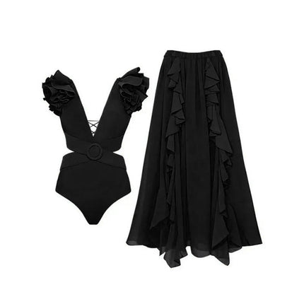 Women's Ruffle One Piece Swimsuit Set Ruffle Long Skirt, Bikini 2pcs Set