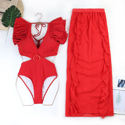 Women's Ruffle One Piece Swimsuit Set Ruffle Long Skirt, Bikini 2pcs Set