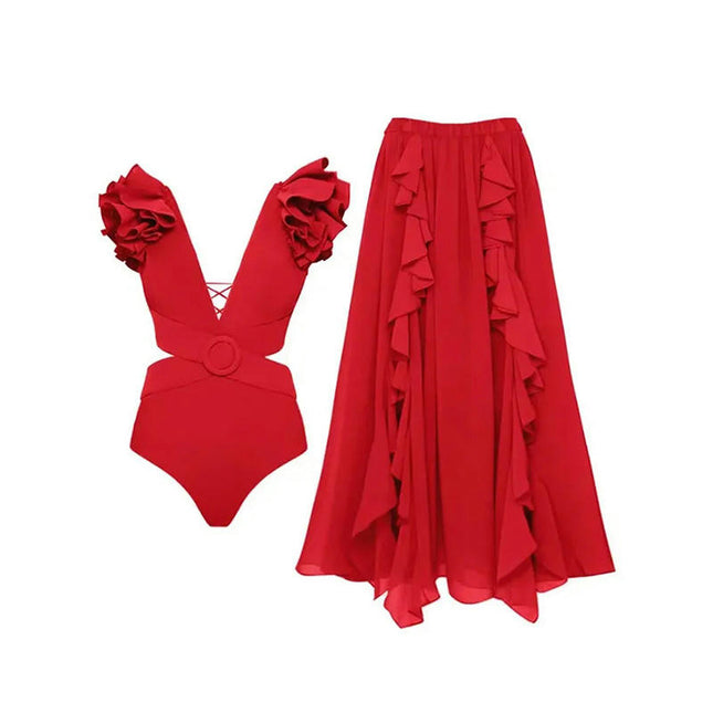 Women's Ruffle One Piece Swimsuit Set Ruffle Long Skirt, Bikini 2pcs Set