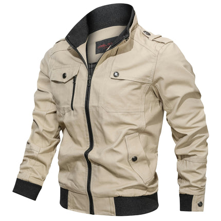 Men's Cotton Lightweight Multi Pockets Zip Front Stand Collar Military Jackets