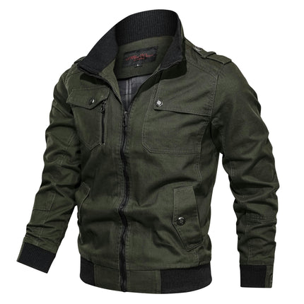 Men's Cotton Lightweight Multi Pockets Zip Front Stand Collar Military Jackets