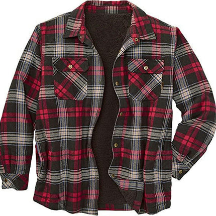 Men's Sherpa Lined Cotton Flannel Shirt Jacket Plaid Button Up Jacket Coat for Men with Pocket