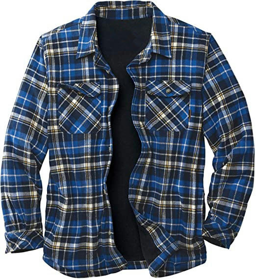 Men's Sherpa Lined Cotton Flannel Shirt Jacket Plaid Button Up Jacket Coat for Men with Pocket