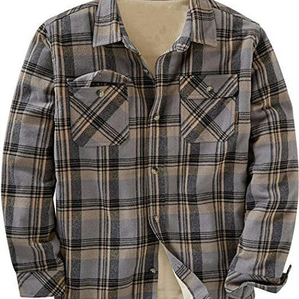 Men's Sherpa Lined Cotton Flannel Shirt Jacket Plaid Button Up Jacket Coat for Men with Pocket