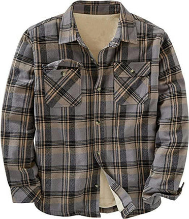 Men's Sherpa Lined Cotton Flannel Shirt Jacket Plaid Button Up Jacket Coat for Men with Pocket