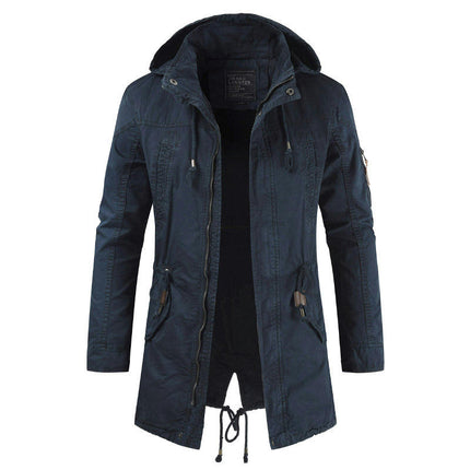 Men's Spring Full-Zip Removable Hooded Cotton Mid-Long Parka Jacket Coat