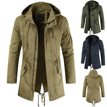 Men's Spring Full-Zip Removable Hooded Cotton Mid-Long Parka Jacket Coat