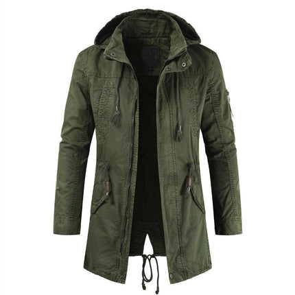 Men's Spring Full-Zip Removable Hooded Cotton Mid-Long Parka Jacket Coat