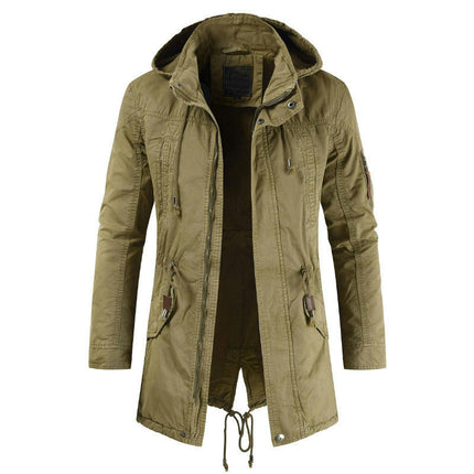 Men's Spring Full-Zip Removable Hooded Cotton Mid-Long Parka Jacket Coat