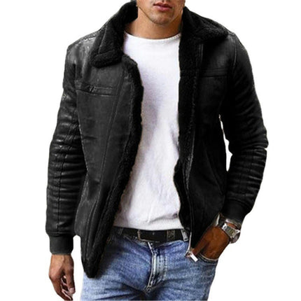 Men's Winter Warm Zipper Coat Faux Leather Coat Lapel Zipper Casual Jacket