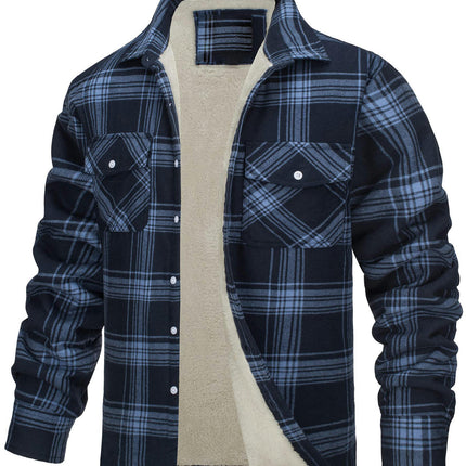 Men's Cotton Plaid Long Sleeve Jacket Fleece Lined Flannel Sherpa Button Down Coat