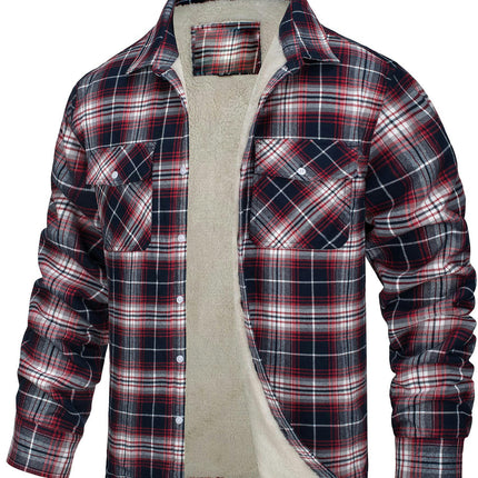 Men's Cotton Plaid Long Sleeve Jacket Fleece Lined Flannel Sherpa Button Down Coat