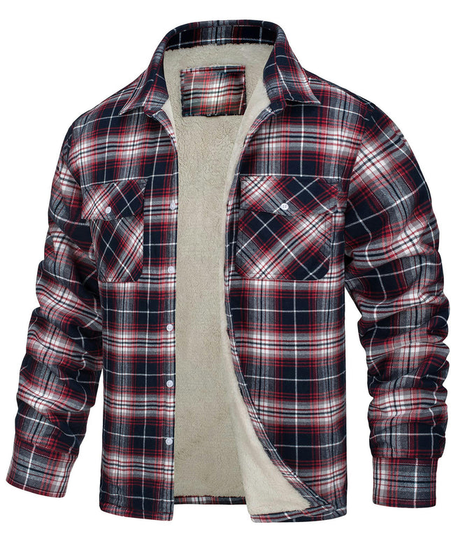 Men's Cotton Plaid Long Sleeve Jacket Fleece Lined Flannel Sherpa Button Down Coat