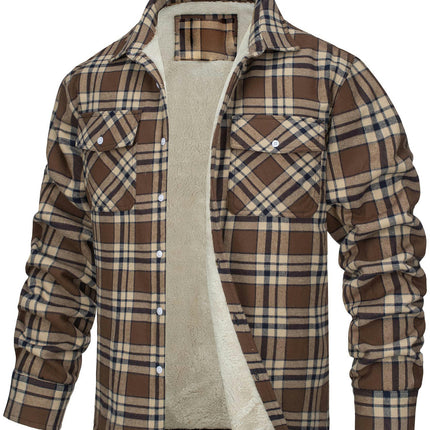 Men's Cotton Plaid Long Sleeve Jacket Fleece Lined Flannel Sherpa Button Down Coat