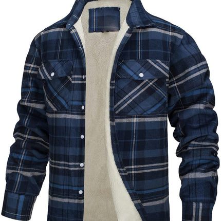 Men's Cotton Plaid Long Sleeve Jacket Fleece Lined Flannel Sherpa Button Down Coat