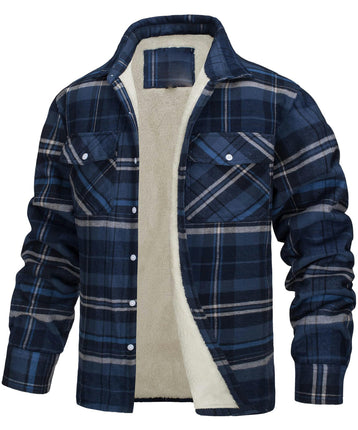 Men's Cotton Plaid Long Sleeve Jacket Fleece Lined Flannel Sherpa Button Down Coat