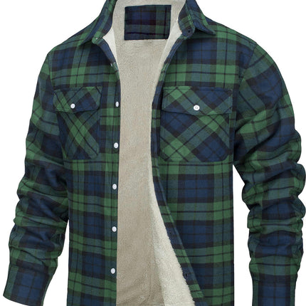 Men's Cotton Plaid Long Sleeve Jacket Fleece Lined Flannel Sherpa Button Down Coat