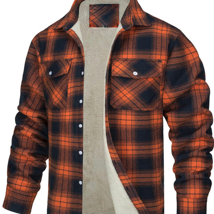 Men's Cotton Plaid Long Sleeve Jacket Fleece Lined Flannel Sherpa Button Down Coat