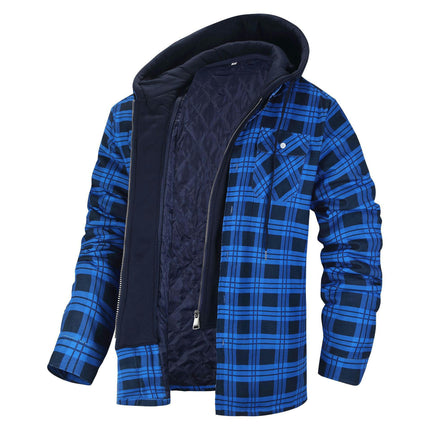 Men's Plaid Flannel Jacket with Hood, Zip Up Flannel Shirt Jackets