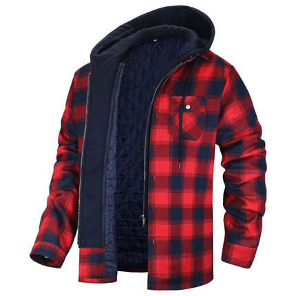 Men's Plaid Flannel Jacket with Hood, Zip Up Flannel Shirt Jackets