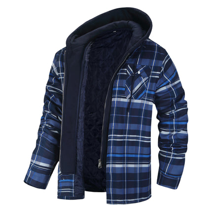 Men's Plaid Flannel Jacket with Hood, Zip Up Flannel Shirt Jackets