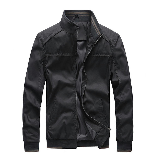 Men's Cargo Jacket Washed Cotton Stand-Collar Cardigan Coat Casual Solid Color Zipper Jackets