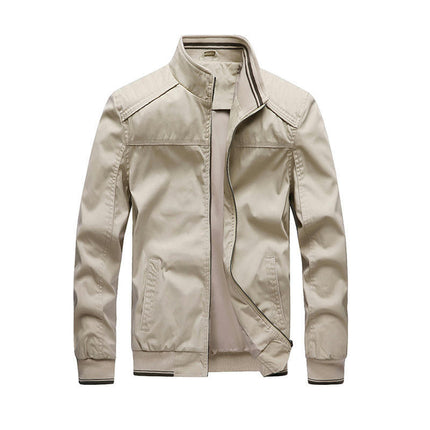 Men's Cargo Jacket Washed Cotton Stand-Collar Cardigan Coat Casual Solid Color Zipper Jackets