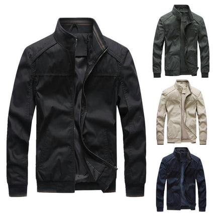 Men's Cargo Jacket Washed Cotton Stand-Collar Cardigan Coat Casual Solid Color Zipper Jackets