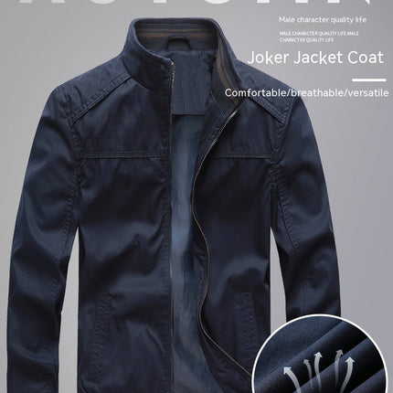 Men's Cargo Jacket Washed Cotton Stand-Collar Cardigan Coat Casual Solid Color Zipper Jackets