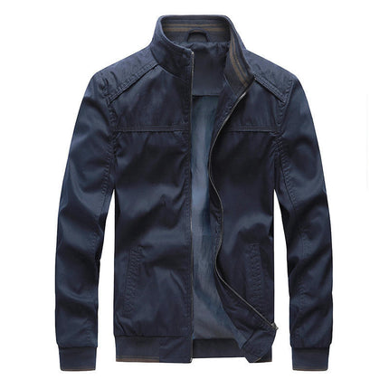 Men's Cargo Jacket Washed Cotton Stand-Collar Cardigan Coat Casual Solid Color Zipper Jackets