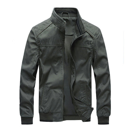 Men's Cargo Jacket Washed Cotton Stand-Collar Cardigan Coat Casual Solid Color Zipper Jackets