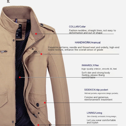 Men's Long Sleeve Jacket Slim Cotton Jacket Stand Collar Full Zipper Pocket Jacket