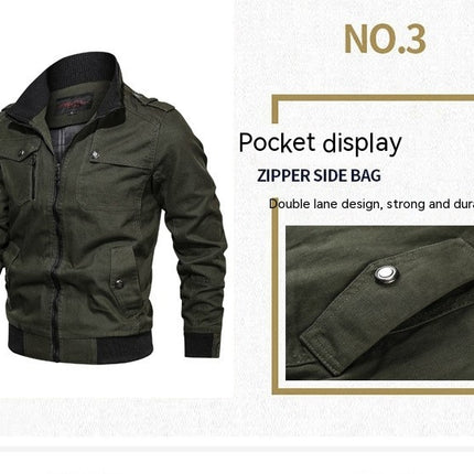 Men's Long Sleeve Jacket Fashion Stand Collar Full Zipper Pocket Jacket Slim Cotton Jacket