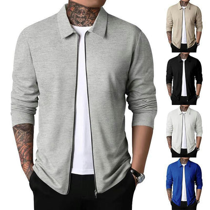 Men Casual Cardigan Zipper Closure Solid Color Long Sleeve Jackets