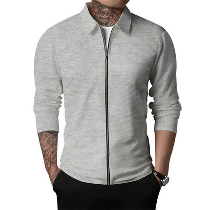 Men Casual Cardigan Zipper Closure Solid Color Long Sleeve Jackets