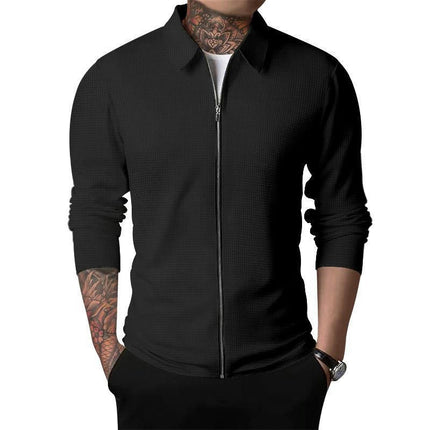 Men Casual Cardigan Zipper Closure Solid Color Long Sleeve Jackets