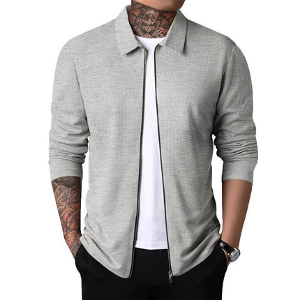 Men Casual Cardigan Zipper Closure Solid Color Long Sleeve Jackets