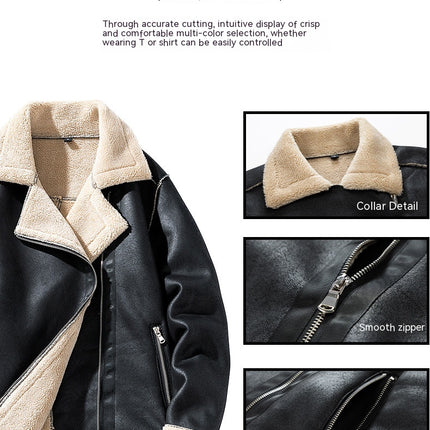 Men's Faux Leather Sherpa Lined Jacket Turn-Down Collar Warm Winter Casual Coats