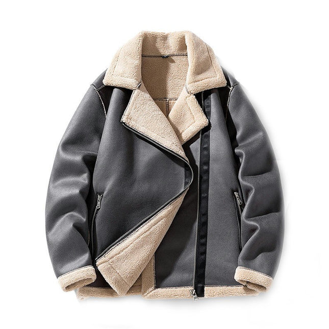 Men's Faux Leather Sherpa Lined Jacket Turn-Down Collar Warm Winter Casual Coats